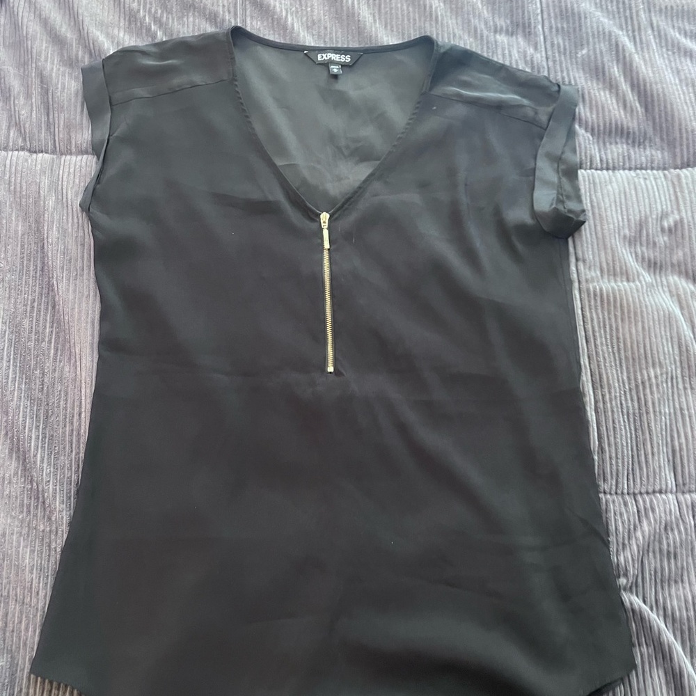 Express Black Cap Sleeve Blouse with Gold Zipper